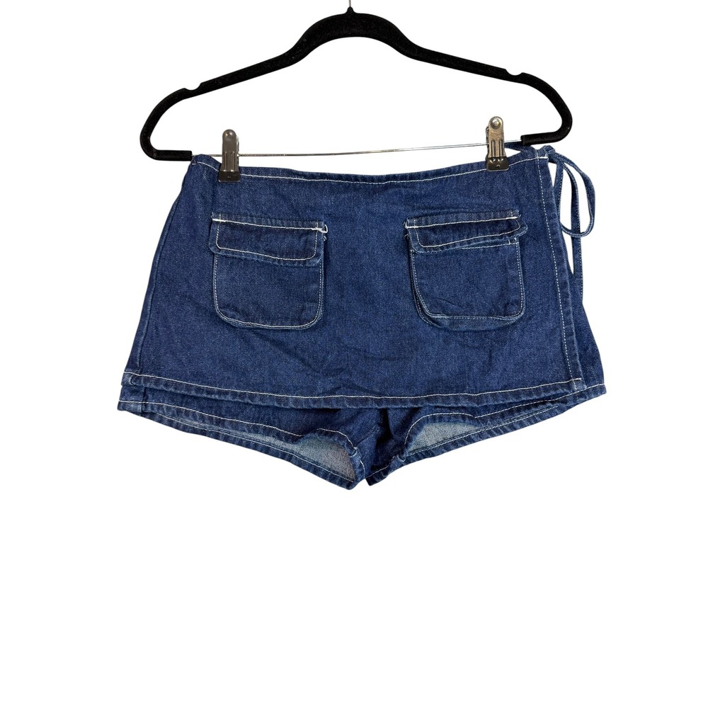 Lioness Denim Skort Dark Wash Wrap Front Side Tie Mini XS Contrast Stitching